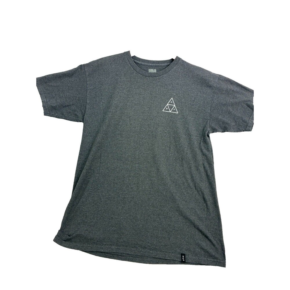 HUF Mens T Shirt Gray Triple Triangle Logo Front Back Graphic Skate Tee